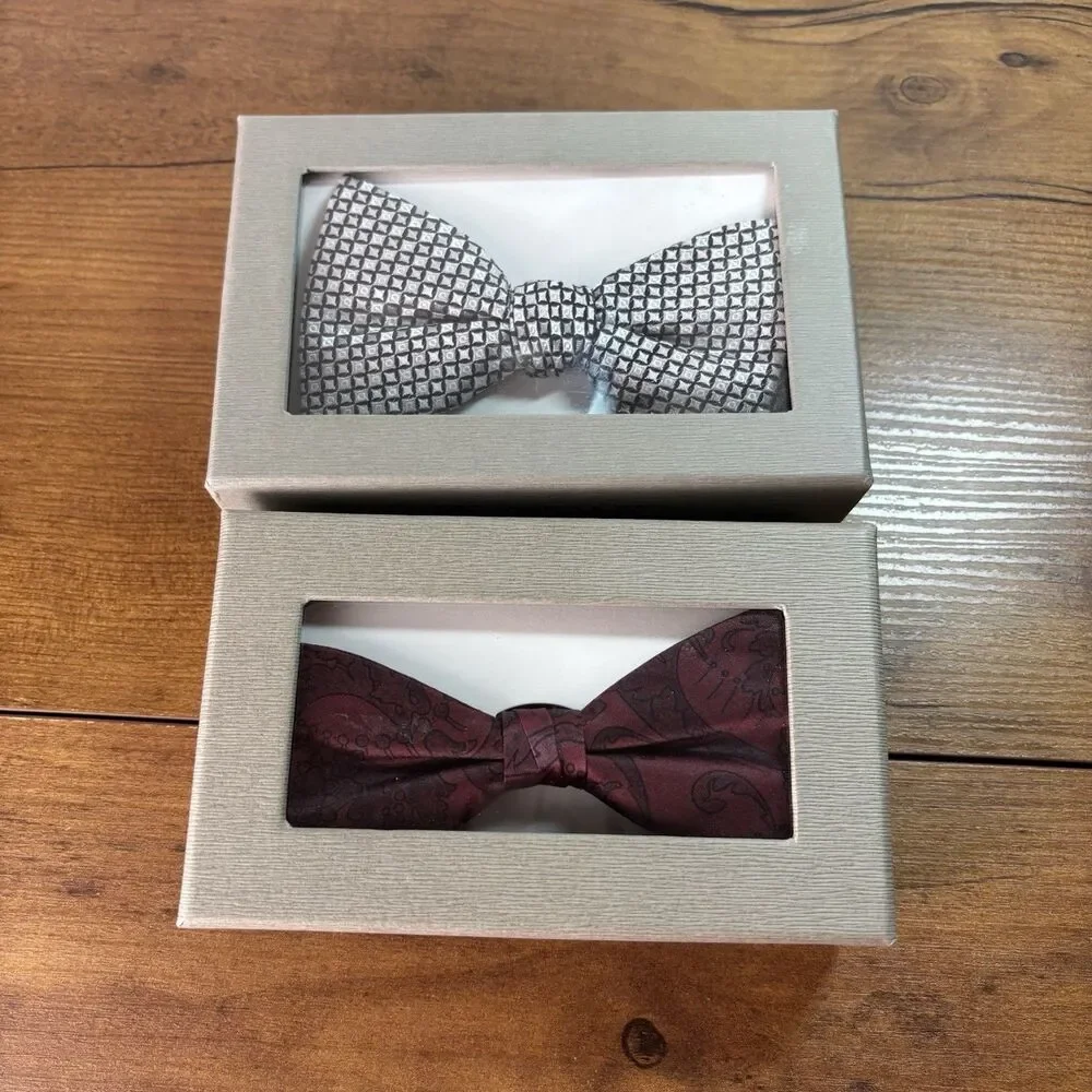 NWT Jos. A. Bank Mens Silk Bow Tie Lot of 2 Geometric & Burgundy Paisley Pre-tie